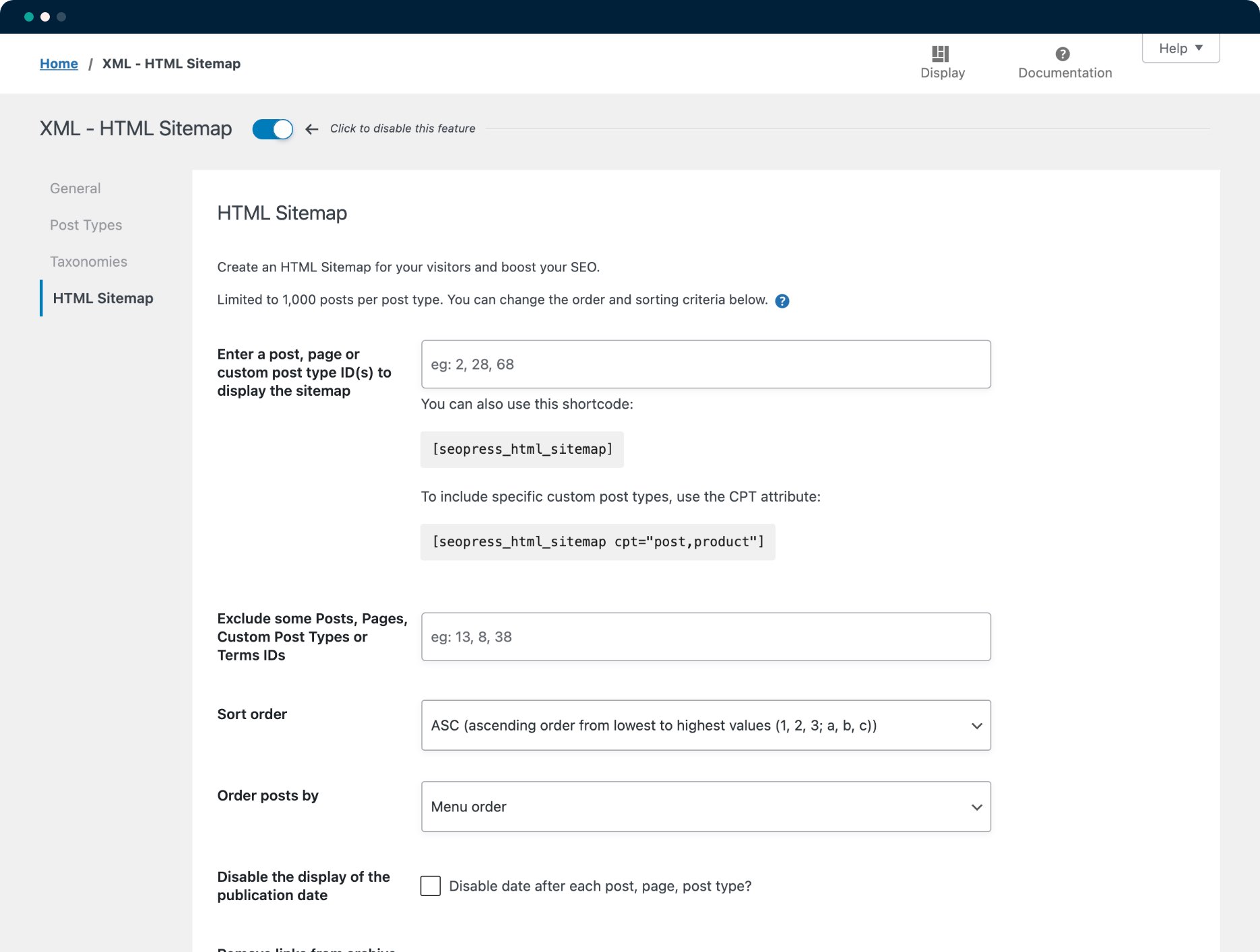 Configuración del mapa del sitio HTML de SEOPress