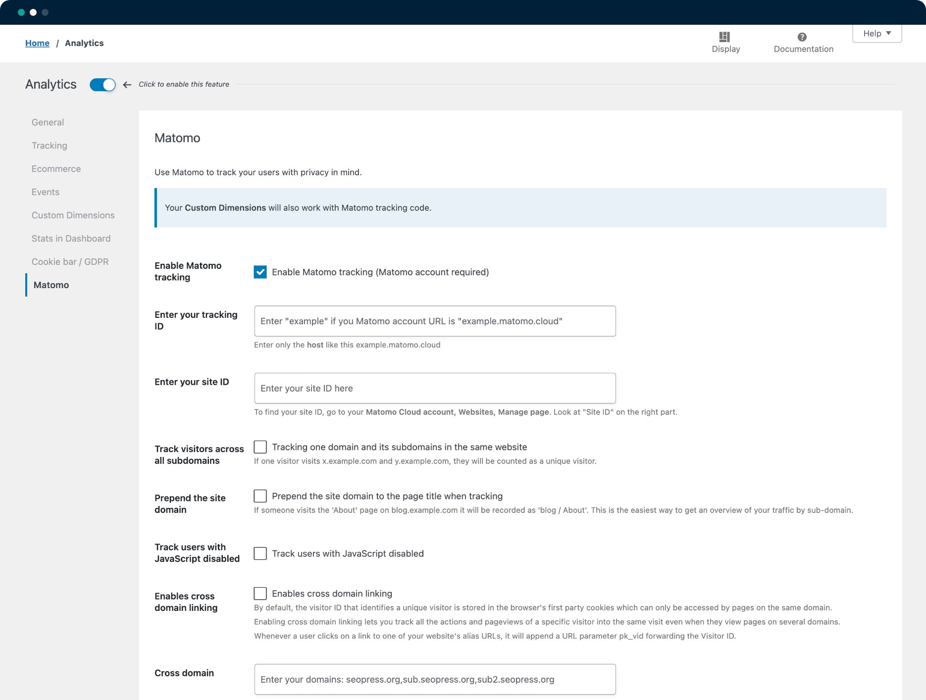 Configuración de Matomo Cloud - SEOPress