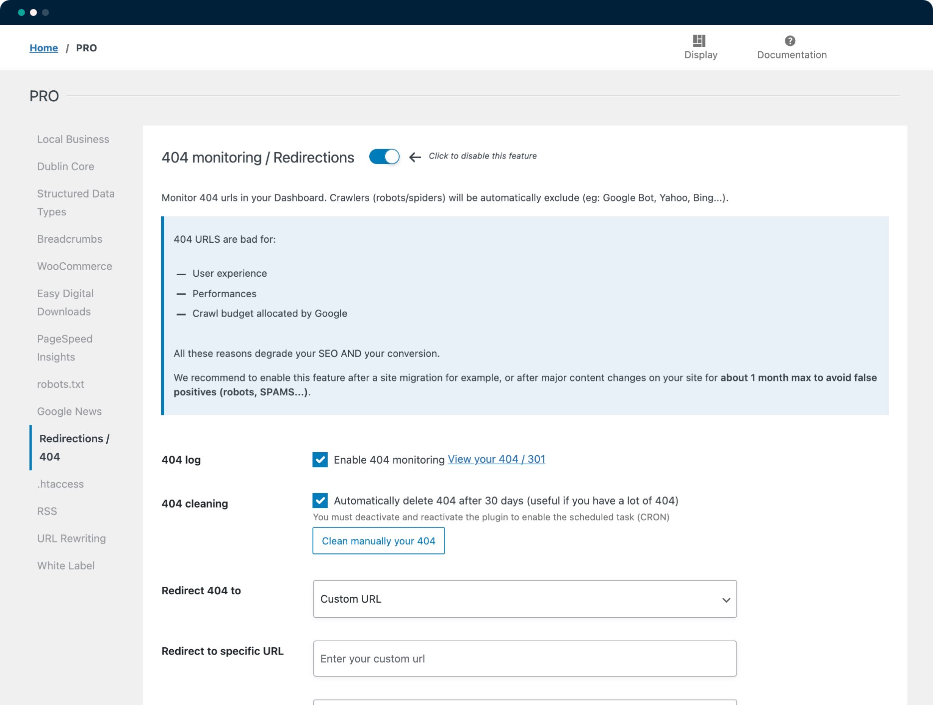 Configuración de supervisión y redirecciones 404 - SEOPress