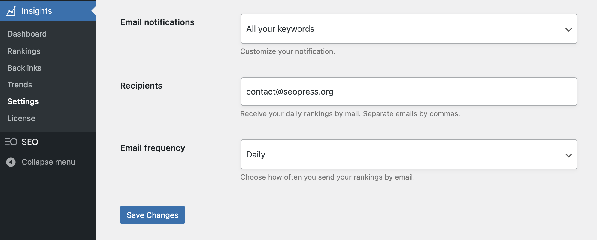 Réglages des Emails de notification de vos positions - SEOPress Insights