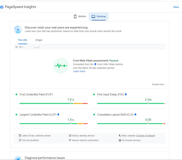 Core Web Vitals sur ordinateur de bureau