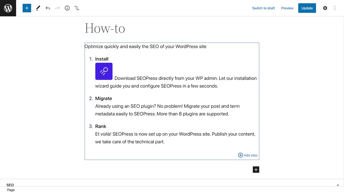 Block Editor integration with SEOPress - How-to block