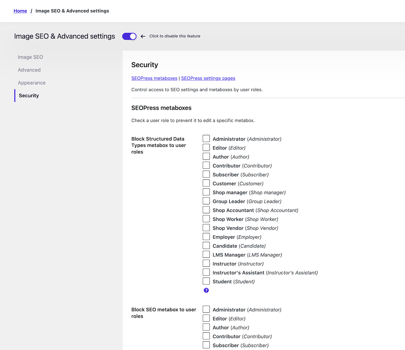 SEOPress Security settings