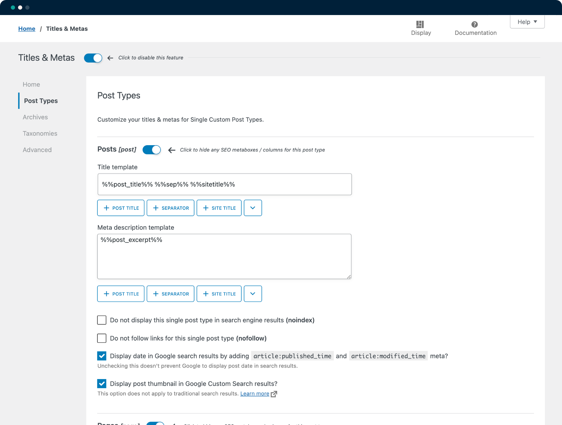 SEOPress Titles & meta settings page