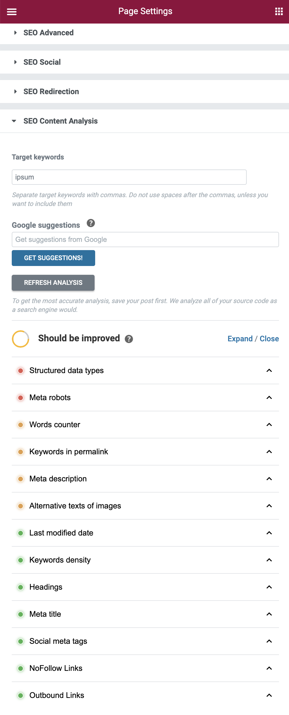 Elementor integration SEOPress content analysis