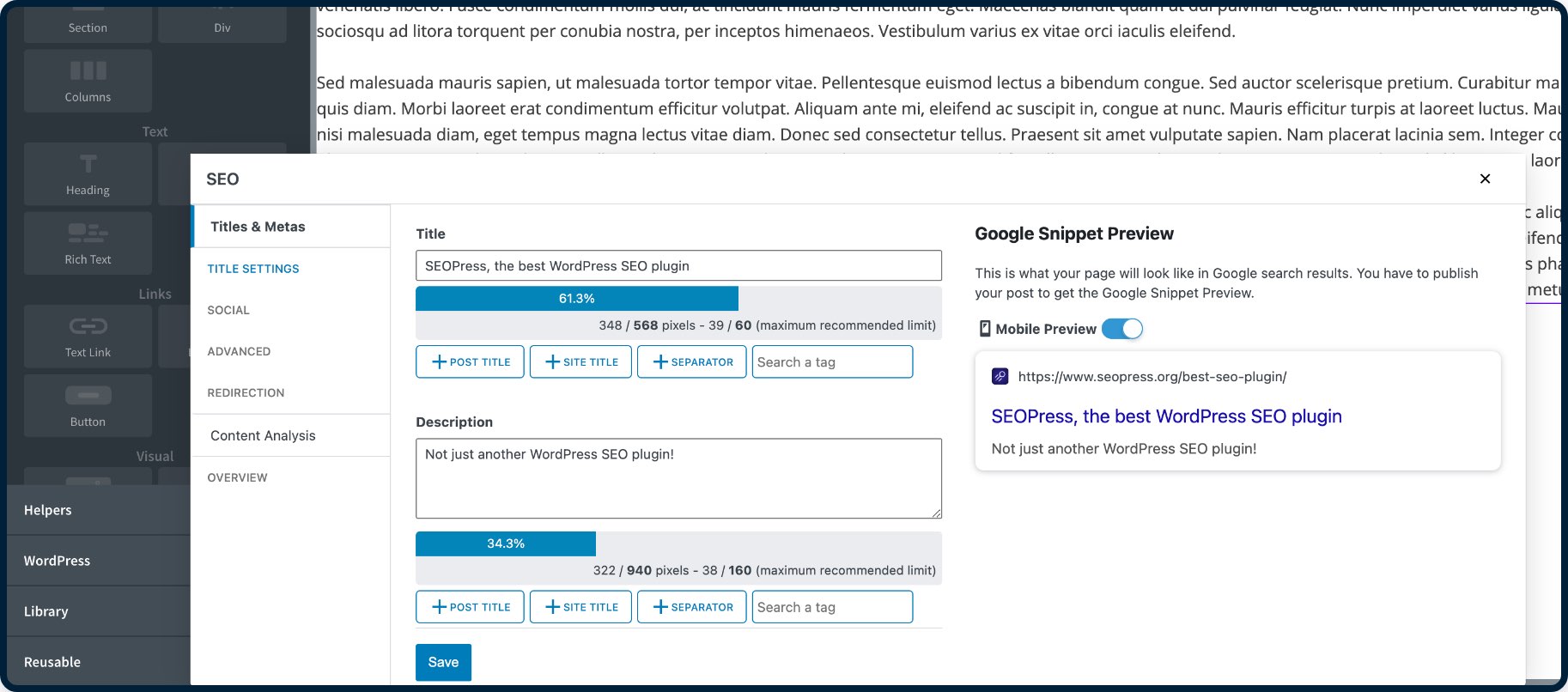 SEOPress integrated with Oxygen builder