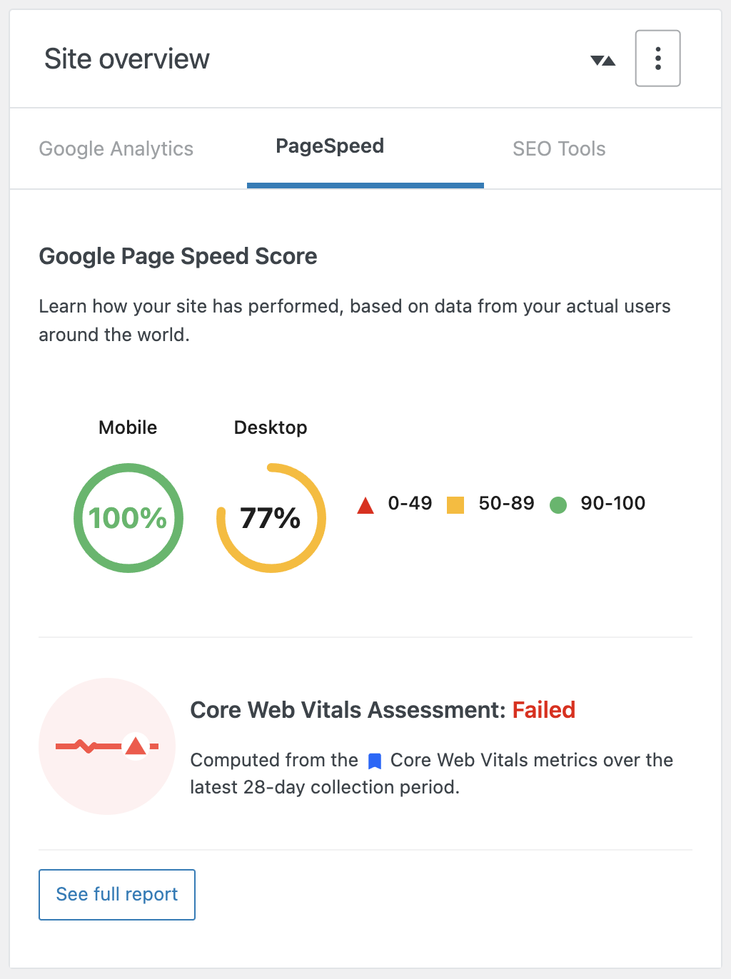 Page Speed with Core Web Vitals - SEOPress dashboard