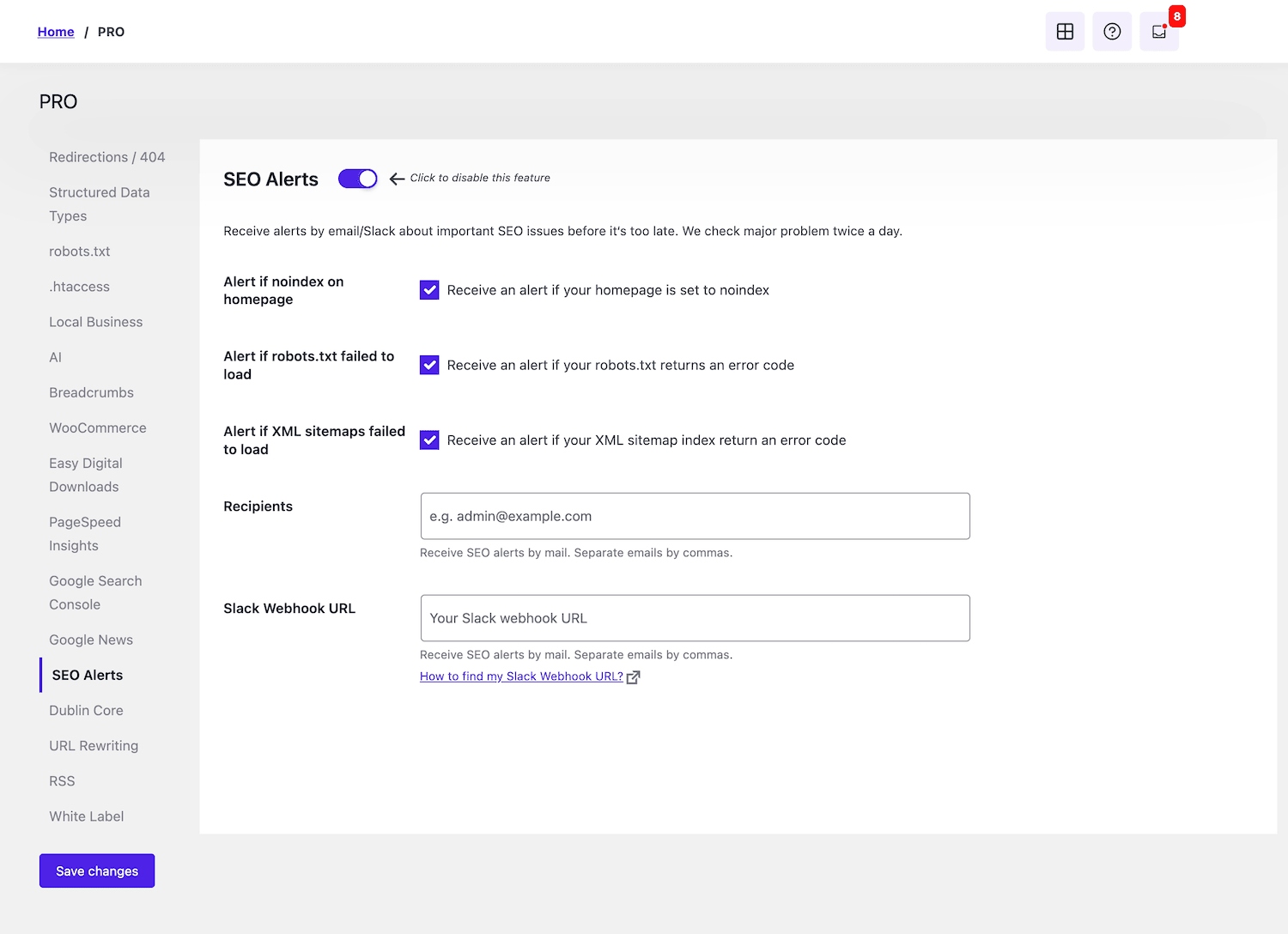 SEO Alerts settings - SEOPress PRO